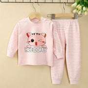 Zszcpp Baby Girl Pajamas Outfits Lounge Sets Striped Cat Print Pure Long Sleeve Nightdress Round Neck Soft Comfort Leisure Home Wear Sleepwear Clothing Suits